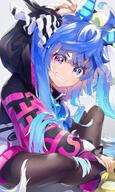 1girl absurdres ahoge animal_ears arm_up bangs black_hoodie black_legwear black_pantyhose blue_eyes blue_hair boots commentary_request eyebrows_visible_through_hair from_side girl gradient_hair grin hair_ribbon hatsuga_(dmaigmai) hatuganookome heterochromia highres hood hood_up hoodie horse_ears horse_girl horse_tail huge_filesize indian_style long_hair long_sleeves looking_at_viewer multicolored_hair pantyhose puffy_long_sleeves puffy_sleeves purple_eyes questionable ribbon safe sharp_teeth short_eyebrows single sitting smile solo striped striped_ribbon stuffed_animal stuffed_bunny stuffed_toy tagme tail tall_image teeth twin_turbo_(umamusume) twintails uma_musume_pretty_derby umamusume very_long_hair white_footwear yande.re はつが ウマ娘 ウマ娘プリティーダービー ウマ娘プリティーダービー1000users入り ツインターボ(ウマ娘) ツインターボ師匠 女の子 // 4500x7500 // 20.3MB