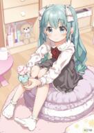 1 1637243091241 1girl aqua_hair bangs black_dress blue_eyes bow clothing collared_shirt commentary_request cup double_scoop dress eyebrows_visible_through_hair female food footwear frilled_bow frilled_legwear frills full_body hair_between_eyes hair_bow hair_ornament hatsune_miku high_resolution highres holding holding_food holding_object ice_cream ice_cream_cone indoors knees_up kusaka_shi legwear lolibooru long_hair mug no_shoes q red_bow safe sankaku sensitive shirt sitting sleeveless sleeveless_dress socks solo stuffed_animal stuffed_toy table teddy_bear tied_hair twin_tails twintails twitter_username very_long_hair vocaloid vocaloid5000users入り white_bow white_legwear white_shirt yukie_(kusaka_shi) 「マジカルミライ2021」_妹ミクちゃん これはいい初音 アイス ジャンパースカート マジカルミライ2021 ミクさんマジ天使 ロリ 初音ミク 女の子 日下氏 // 868x1228 // 1.0MB