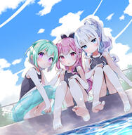 3girls adult amimi bangs barefoot blue_eyes blue_one-piece_swimsuit blue_sky blue_swimsuit blunt_bangs blush cloud cloudy_sky commentary_request dutch_angle feet fence flat_chest full_body green_hair grey_hair head_tilt highres innertube knees_together_feet_apart lolibooru long_hair looking_at_viewer medium_hair multiple_girls one-piece_swimsuit original outdoors pink_eyes pink_hair poolside purple_eyes safe school_swimsuit sensitive shiny shiny_hair sitting sky soles squatting swimsuit swimsuits thighs toes // 1769x1810 // 2.1MB