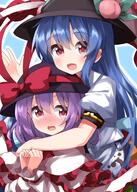 2girls bangs black_headwear blue_hair blue_skirt blush bow bowtie center_frills d eyebrows_visible_through_hair food frills fruit hair_between_eyes hat hat_bow highres hinanawi_tenshi hug leaf lolibooru long_hair looking_at_viewer multiple_girls nagae_iku open_mouth peach puffy_short_sleeves puffy_sleeves purple_hair red_bow red_eyes ruu_(tksymkw) safe shirt short_sleeves sidelocks skirt smile touhou touhou_project upper_body very_long_hair white_shirt // 1000x1400 // 1.1MB