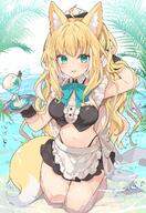 1girl ahoge animal_ear_fluff animal_ears aqua_eyes barefoot beach bikini blonde_hair blush breasts cleavage cuffs cup d food frills fuwafuwa-chan_(kamiyoshi_rika) green_eyes highleg highleg_panties highres holding holding_cup ice_cream kamiyoshi_rika kneeling large_breasts long_hair looking_at_viewer maid_bikini medium_breasts ocean open_mouth original palm_leaf panties partially_submerged questionable skirt smile solo swimsuit tail thigh_gap thighs thong_bikini tropical tropical_drink underwear very_long_hair water wet // 1000x1455 // 344.4KB