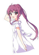 1girl blush brown_eyes dress eyebrows_visible_through_hair haru_(konomi_150) highres konomi_150 long_hair looking_at_viewer open_mouth ponytail purple_hair safe shiny shiny_hair simple_background smile solo sugiura_ayano upper_body white_background white_dress yuru_yuri // 1004x1416 // 496.9KB