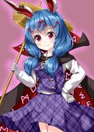 1girl animal_ears bangs black_cloak blue_hair blush breasts bunny_ears buttons cloak closed_mouth collar collared_shirt cosplay eyebrows_visible_through_hair eyewear_on_head glasses gloves hair_between_eyes hand_on_hip hand_up highres lolibooru long_sleeves looking_at_viewer mallet medium_breasts medium_hair one-hour_drawing_challenge pink_background purple_skirt purple_vest rabbit_ears red_cloak red_eyes ruu_(tksymkw) safe seiran_(touhou) shirt short_twin_tails short_twintails simple_background skirt smile solo standing touhou touhou_project twin_tails twintails usami_sumireko usami_sumireko_(cosplay) vest weapon white_gloves white_shirt white_sleeves // 1000x1400 // 226.7KB