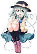 1 1girl ankle_boots aqua_eyes aqua_hair black_legwear black_socks blouse blush boots bow d eye female footwear frilled_sleeves frills full_body girl green_eyes hands_on_own_knees hat hat_bow hat_ribbon headwear heart heart_of_string knee-high_legwear komeiji_koishi legwear long_hair long_sleeves looking_at_viewer male mature open_mouth pov rakugakiyarou ribbon ruu_(tksymkw) safe short_hair simple_background single sitting skirt smile socks solo striped tall_image third_eye touhou white_background // 675x1000 // 281.0KB