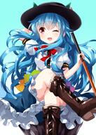 1_female 1girl ;d arm_behind_head black_hat black_headwear blue_background blue_hair blue_skirt blush boots bow bowtie brown_footwear center_frills cross-laced_footwear crossed_legs danbooru danbooru-safebooru eyebrows eyebrows_visible_through_hair female footwear frilled_skirt frills gelbooru girl gradient gradient_background hand_behind_head hat headwear heels high_heel_boots high_heels high_resolution highres hinanawi_tenshi hisou_no_tsurugi knee_boots legs_crossed long_hair looking_away mature one_eye_closed open_mouth puffy_short_sleeves puffy_sleeves questionable red_eyes red_neckwear ruu_(tksymkw) s safe safebooru shoes short_sleeves simple_background single sitting skirt smile solo sword tall_image touhou weapon white_skirt wink // 1000x1400 // 1008.2KB