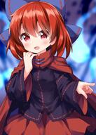 1girl black_shirt blue_bow blush bow cloak clothing female ghost hair_between_eyes hair_bow hair_ornament headdress headwear high_resolution long_sleeves open_mouth red_cloak red_eyes red_hair red_skirt ruu_(tksymkw) sekibanki shirt short_hair skirt smile solo touhou touhou_project upper_body wide_sleeves // 1000x1400 // 902.5KB