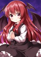 blush clothing high_resolution koakuma long_hair necktie red_eyes red_hair ruu_(tksymkw) skirt smile touhou touhou_project wings // 1000x1400 // 186.9KB