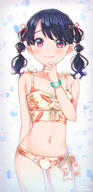 1girl arm_behind_back bangs bikini black_hair bracelet breasts chin_grab chromatic_aberration closed_mouth cowboy_shot daizunda106 dated eyebrows_visible_through_hair fukumaru_koito hair_ribbon hair_tie highres idolmaster idolmaster_shiny_colors jewellery jewelry lace lace-trimmed_bikini lace_trim leaf_print lolibooru looking_at_viewer medium_hair navel pink_ribbon print_bikini purple_eyes ribbon safe side-tie_bikini small_breasts smile solo soramame_tomu standing swimsuit twin_tails twintails twitter_username violet_eyes yellow_bikini アイドルマスターシャイニーカラーズ アイマス シャニマス リフレッシュサマー 水着 水着こいとちゃん✨ 福丸小糸 空豆とむ // 726x1500 // 1.3MB