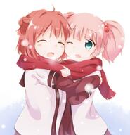 2_girls ahoge akaza_akari aqua_eyes araki495 araki495_(artist) blush doga_kobo eyes_closed female girl hair_bobbles hair_bun_(hair_buns) hair_ornament hair_tie hug multiple_girls one_eye_closed open_mouth pink_hair pixiv_48797786 pixiv_89056 red_hair red_scarf scarf school_uniform shared_scarf short_hair smile snow snowflake_(snowflakes) snowing tall_image twintails uniform wink yoshikawa_chinatsu yuru_yuri 二人なら 理紅 // 920x957 // 603.7KB