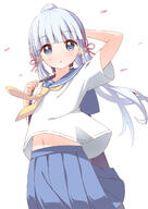 1girl alternate_costume alternative_costume arm_behind_head arm_up ayaka_(genshin_impact) bag bangs blue_skirt blunt_bangs clothing commentary_request contemporary eyebrows_visible_through_hair female genshin_impact grey_eyes grey_hair hair_ornament hair_ribbon haru_(konomi_150) high_resolution highres kamisato_ayaka konomi_150 long_hair looking_at_viewer midriff namori_(style) navel one_arm_up open_mouth parody parted_lips petals pleated_skirt ponytail ribbon safe school_uniform sensitive serafuku short_sleeves shoulder_bag sidelocks simple_background skirt solo style_parody tied_hair tress_ribbon uniform useless_tags white_background wind // 1000x1410 // 581.9KB