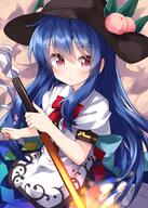  1girl black_headwear blue_hair blue_skirt blush bow bowtie closed_mouth eyebrows_visible_through_hair food fruit hair_between_eyes hat highres hinanawi_tenshi holding holding_weapon leaf lolibooru long_hair looking_at_viewer peach puffy_short_sleeves puffy_sleeves red_bow red_eyes ruu_(tksymkw) safe shirt short_sleeves skirt solo sword_of_hisou touhou touhou_project very_long_hair weapon white_shirt // 1000x1400 // 1.1MB