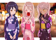 3girls bangs black_hair black_kimono blue_kimono blush breasts brown_eyes brown_skin candy_apple chloe_von_einzbern closed_eyes dark-skinned_female dark_skin eyes_closed fatekaleid_liner_prisma_illya fate_(series) female floral_print food grin hair_between_eyes hair_ornament hairclip illyasviel_von_einzbern japanese_clothes kimono leaf_print lolibooru long_hair long_sleeves miyu_edelfelt multiple_girls one_eye_closed open_mouth orange_eyes pan_korokorosuke pink_hair pink_kimono questionable red_eyes robe safe sash sensitive sidelocks small_breasts smile tied_hair twin_tails twintails wafuku white_hair wide_sleeves // 977x691 // 736.8KB