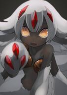 1girl angry claws commentary_request dark-skinned_female dark_skin extra_arms fanart fangs faputa female furry furry_female general highres looking_at_camera looking_at_viewer made_in_abyss monster_girl mozuku1012 open_mouth short_hair simple_background solo teeth twitter umino_mozuku white_fur white_hair yellow_eyes // 1450x2048 // 174.3KB