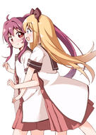 2girls __toshinou_kyouko_and_sugiura_ayano_yuru_yuri_drawn_by_haru_konomi_150__5b38dbaa8029435b9be8572df926dfd9 ahoge blonde_hair blue_eyes blush bow closed_mouth eyebrows_visible_through_hair hair_bow haru_(konomi_150) highres konomi_150 long_hair looking_at_another multiple_girls nanamori_school_uniform open_mouth ponytail purple_hair red_eyes safe school_uniform shiny shiny_hair simple_background smile sugiura_ayano toshinou_kyouko walking white_background yuri yuru_yuri // 1004x1416 // 622.4KB