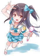 1girl absurdres adachi_tenka arm_up black_hair blue_skirt bow brown_eyes commission dancing hair_bow highres idol kneehighs leg_up long_hair microphone midriff miniskirt natsu_(sinker8c) open_mouth pink_footwear ribbon safe shirt shoes short_sleeves shoujo_ramune side_ponytail sinker8 skeb skeb_commission skirt smile socks solo standing standing_on_one_leg white_legwear white_shirt white_socks ♥ なつ アイドル エロゲ セーラー服 小女ラムネ 少女ラムネ 足立甜花 // 2508x3541 // 3.7MB