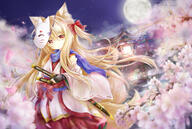 1girl animal_ear_fluff animal_ears blonde_hair cherry_blossoms detached_sleeves expressionless fingerless_gloves fox_ears fox_girl fox_mask fox_tail full_moon gloves highres japanese_clothes kata_rosu katana kimono long_hair mask miko moon multiple_tails night obi orange_eyes original petals petals_on_liquid reflection ribbon-trimmed_sleeves ribbon_trim sash scarf shrine single_sidelock skirt sword tail two_tails very_long_hair wakizashi water weapon // 1637x1102 // 1.5MB