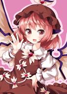 1girl animal_ears bangs bird_ears bird_wings brown_dress brown_headwear cowboy_shot dress eyebrows_visible_through_hair gradient gradient_background hand_on_hip highres juliet_sleeves lolibooru long_sleeves looking_at_viewer mystia_lorelei open_mouth pinafore_dress pink_background pink_eyes pink_hair puffy_sleeves ruu_(tksymkw) safe shirt short_hair smile solo standing touhou touhou_project white_shirt winged_hat wings // 1000x1400 // 892.0KB