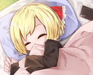 1_female 1girl 9 ^_^ blonde_hair cellphone closed_eyes covered_mouth eyes_closed female futon hair_ornament hair_ribbon koumakantv long_sleeves lying phone pillow pixiv_55668121 ribbon rumia safe shamo_(koumakantv) short_hair sleeping smartphone solo touhou under_blanket under_covers 東方project250users入り 毎月七日はルーミアの日 ﾅﾉｶー // 971x785 // 91.6KB