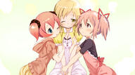 abe_kanari blonde_hair blush charlotte_(madoka_magica) charlotte_(mahou_shoujo_madoka_magica) female hug kaname_madoka loli madoka_magica mahou_shoujo_madoka_magica pink_eyes pink_hair tomoe_mami wink yellow_eyes young // 1260x700 // 391.2KB