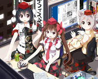 3_females 3_girls 3girls animal_ears black_eyes black_hair bottle bow brown_hair checkered checkered_skirt commentary_request computer computer_keyboard desk dress ears female female_focus girl hair_bow hat high_resolution highres himekaidou_hatate inubashiri_momiji long_hair looking_at_viewer mature monitor multiple_females multiple_girls necktie office open_mouth pom_pom_(clothes) pov purple_eyes red_eyes ribbon ruu_(tksymkw) safe shameimaru_aya short_hair silver_hair sitting skirt smile tea tied_hair tokin_hat touhou tsurukou twintails window wings // 1500x1200 // 1.6MB