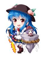 1girl apron black_headwear blue_hair blue_skirt boots brown_footwear character_doll chibi collared_shirt flaming_sword flaming_weapon frilled_skirt frills full_body hat highres hinanawi_tenshi keystone lolibooru long_hair nagae_iku open_mouth peach_hat_ornament puffy_short_sleeves puffy_sleeves rainbow_order red_eyes ruu_(tksymkw) safe shirt short_sleeves skirt standing sun_hat sword_of_hisou teeth touhou touhou_project upper_teeth very_long_hair white_apron white_shirt |_| // 1000x1400 // 640.0KB