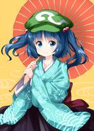 1_female 1girl alternate_costume bangs black_skirt blue_eyes blue_hair blue_kimono blush cabbie_hat commentary_request cowboy_shot danbooru danbooru-safebooru eyebrows eyebrows_visible_through_hair female floral_background gelbooru girl green_hat green_headwear hair_bobbles hair_ornament hakama hakama_skirt hat high_resolution highres holding holding_object holding_umbrella japanese_clothes kawashiro_nitori kikumon kimono long_hair looking_at_viewer mature oriental_umbrella pov red_umbrella ruu_(tksymkw) s safe safebooru short_hair simple_background single skirt smile solo tall_image touhou traditional_clothes two_side_up umbrella yellow_background // 1000x1400 // 960.9KB