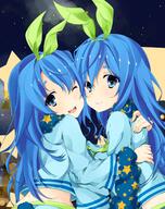 2girls ;d absurd_resolution absurdres animal_ears animal_tail blue_clothes blue_eyes blue_hair bunny_ears bunny_tail ears eyebrows eyebrows_visible_through_hair fake_animal_ears female hairband high_resolution highres hug long_hair looking_at_viewer mature midriff multiple_females multiple_girls near_(sound_voltex) noah_(sound_voltex) one_eye_closed open_mouth pov safe short_eyebrows siblings sisters smile sound_voltex star star_print tail tries twins wide_sleeves // 1937x2441 // 564.3KB