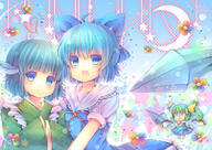 \\\ 3_girls 3girls ^^^ ahoge bad_id bad_pixiv_id blue_eyes blue_hair blush bodily_fluids bow cirno crescent daiyousei dress female flower flower_(flowers) girl green_hair hair_bow head_fins heart japanese_clothes looking_at_viewer monster_girl moon multiple_females multiple_girls obi open_mouth pjrmhm_coa ponytail safe sash short_hair side_ponytail smile star star_(symbol) sweat sweatdrop tied_hair touhou traditional_clothes wakasagihime wings // 1000x706 // 151.9KB