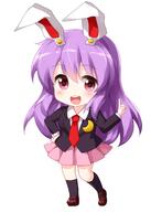 1girl animal_ears bangs black_jacket black_legwear blazer blush brown_footwear bunny_ears chibi clothing crescent crescent_pin female footwear full_body high_resolution jacket kneehighs legwear light_purple_hair loafers long_hair long_sleeves moon necktie open_mouth pink_skirt pleated_skirt pointing purple_hair red_eyes red_necktie red_neckwear reisen_udongein_inaba ruu_(tksymkw) school_uniform shirt shoes simple_background skirt slip-on_shoes teeth touhou touhou_project uniform upper_teeth very_long_hair white_background white_shirt // 1000x1400 // 476.2KB