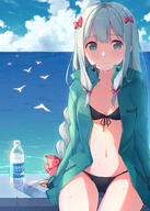 10s 1_female 1girl aqua_eyes arms_at_sides avian bangs bikini bikini_under_clothes bird black_bikini blush bottle bow braid brand_name_imitation breasts closed_mouth cloud commentary_request cowboy_shot day eromanga-sensei eromanga_sensei eyebrows eyebrows_visible_through_hair female front-tie_bikini front-tie_top frown green_jacket hair_bow hair_ribbon horizon izumi_sagiri jacket kamon_(shinshin) light_frown long_hair looking_at_viewer mature ocean open_clothes open_jacket outdoors outside photoshop_(medium) pink_bow pocari_sweat pov ribbon safe sensitive sidelocks silver_hair single_braid sitting small_breasts solo swimsuit swimwear thigh_gap thighs tress_ribbon wet // 714x1000 // 652.0KB