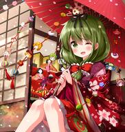 1girl ;d aki_minoriko aki_shizuha bangs bow eyebrows_visible_through_hair frilled_bow frills front_ponytail green_eyes green_hair hair_between_eyes hair_bow highres hina_ningyou hinadan hinamatsuri holding holding_umbrella inubashiri_momiji japanese_clothes kagiyama_hina kawashiro_nitori kimono knees_together_feet_apart knees_up kochiya_sanae lolibooru long_hair long_sleeves moriya_suwako mountain_of_faith off_shoulder oil-paper_umbrella one_eye_closed open_mouth red_bow red_kimono red_umbrella ruu_(tksymkw) safe saishi smile solo touhou touhou_project umbrella wide_sleeves yasaka_kanako // 1700x1798 // 2.9MB