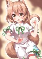 1girl animal_ear_fluff animal_ears bangs blurry blurry_background blush brown_eyes brown_hair d depth_of_field eyebrows_visible_through_hair fox_ears fox_shadow_puppet fox_tail green_ribbon hair_between_eyes highres kudamaki_tsukasa lolibooru looking_at_viewer neck_ribbon open_mouth puffy_short_sleeves puffy_sleeves ribbon ruu_(tksymkw) safe short_sleeves smile solo tail touhou touhou_project white_romper // 1000x1400 // 976.2KB