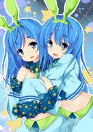 2girls 3 animal_ears bangs blue_eyes blue_hair bunny_ears clothes_writing ears eyebrows eyebrows_visible_through_hair fake_animal_ears female hairband hug hug_from_behind long_hair looking_at_viewer mature midriff multiple_females multiple_girls navel near_(sound_voltex) nemucut noah_(sound_voltex) open_mouth pixiv_1558421 pixiv_58656567 pov safe short_eyebrows siblings sisters sleeves_past_wrists smile sound_voltex star star_print stomach tries twins twitterに上げた絵まとめ とりえす（tries） // 800x1129 // 377.3KB