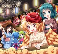 5girls animal_ears animal_print bangs belt bird bird_print blonde_hair blue_belt blue_bow blue_dress blue_eyes blue_kimono blue_sleeves bow box breasts brown_dress brown_eyes brown_hair brown_headwear brown_kimono brown_sleeves cat chick cirno commentary_request cowboy_hat daiyousei dog_ears dog_print dog_tail dress duplicate eyebrows_visible_through_hair festival fireworks green_eyes green_hair gun hair_between_eyes hair_bow hands_up hat highres japanese_clothes kasodani_kyouko kimono kurokoma_saki lolibooru long_hair long_sleeves looking_at_another looking_to_the_side mask medium_breasts multicolored multicolored_bow multicolored_hair multicoloured multicoloured_hair multiple_girls night night_sky niwatari_kutaka one_side_up open_mouth orange_belt paw_print pink_belt pink_bow pink_dress pink_kimono pink_sleeves pixel-perfect_duplicate ponytail questionable red_eyes red_hair ruu_(tksymkw) safe short_hair short_ponytail sky smile star_(sky) starry_sky striped striped_bow tagme tail too_many too_many_chicks touhou touhou_project tree weapon white_belt white_bow wide_sleeves wings yellow_bow yellow_dress yellow_kimono yellow_sleeves yukata // 1728x1600 // 3.0MB
