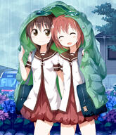 2_girls 2girls akaza_akari bag black_hair blush brown_eyes closed_eyes doga_kobo double_bun dress eyes_closed female flower flower_(flowers) funami_yui girl hydrangea jacket multiple_females multiple_girls nanamori_school_uniform outdoors outside rain red_hair ruu_(tksymkw) safe sailor_uniform school_uniform schoolgirl_uniform serafuku shared_clothes short_hair tall_image tsurukou_(tksymkw) uniform yuru_yuri // 1000x1166 // 1.1MB