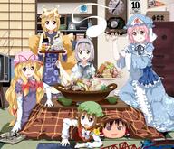 5_girls animal_ears animal_tail anime-pictures.net blonde_hair bow bowl brown_eyes brown_hair cat_ears chen chopsticks clock d dress earrings elbow_gloves food fox_tail girl gloves green_eyes grey_hair hair_bow hairband hakurei_reimu hat hat_ribbon hitodama holding indoors konpaku_youmu kotatsu long_hair looking_at_viewer multiple_girls multiple_tails myon nabe open_mouth pendulum_clock pink_eyes pink_hair plate q red_eyes ribbon_(ribbons) rice ruu_(tksymkw) saigyouji_yuyuko shameimaru_aya short_hair single_earring sitting smile steam table tail tatami thomas_the_tank_engine tongue touhou tray triangular_headpiece wall_clock weighing_scale white_gloves yakumo_ran yakumo_yukari yukkuri_shiteitte_ne // 1400x1200 // 433.8KB