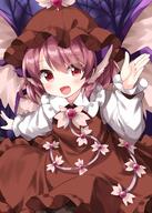 1girl animal_ears bird_ears bird_wings blush brown_dress brown_eyes brown_headwear collared_shirt dress eyebrows_visible_through_hair feathered_wings hair_between_eyes hat highres lolibooru long_sleeves mob_cap mystia_lorelei open_mouth pink_hair ruu_(tksymkw) safe shirt short_hair smile solo touhou touhou_project upper_body white_shirt wings // 1000x1400 // 982.9KB