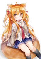 1girl animal_ear_fluff animal_ears ankle_socks black_legwear cat_ears cat_girl doughnut eating food hair_ribbon highres icing jacket kata_rosu light_brown_eyes long_hair long_sleeves looking_at_viewer miniskirt necktie off_shoulder open_clothes open_jacket orange_hair original ribbon safe see-through see-through_skirt shirt sitting skirt sleeves_past_wrists two_side_up white_shirt // 983x1396 // 976.8KB