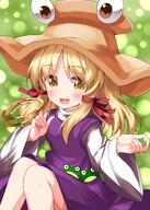 1girl animal_print bangs blonde_hair blush breasts brown_headwear d dress eyebrows_visible_through_hair eyes_visible_through_hair frog_print green_background hair_between_eyes hair_ribbon hands_up hat highres jewellery lolibooru looking_away medium_breasts medium_hair moriya_suwako one-hour_drawing_challenge open_mouth purple_dress red_ribbon ribbon ring ruu_(tksymkw) safe shirt sitting smile solo touhou touhou_project tress_ribbon white_shirt yellow_eyes // 1000x1400 // 1.0MB