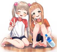 2girls ^_^ ^o^ bangs bare_legs barefoot blunt_bangs blush bottle closed_eyes d eyes_closed general head_tilt highres ichihara_nina idolmaster idolmaster_cinderella_girls light_brown_hair long_hair looking_at_viewer multiple_girls nanagaedemo on_floor open_mouth orange_hair ponytail round_teeth simple_background sitting smile teeth twintails two-tone_shirt two-tone_shorts v very_long_hair water_bottle wooden_floor yokoyama_chika // 2048x1887 // 384.2KB