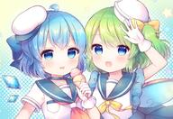 2girls alternate_costume blue_bow blue_eyes blue_hair blue_sailor_collar blush bow cirno closed_mouth commentary_request daiyousei detached_wings double_scoop fairy fairy_wings food gloves green_hair hair_between_eyes hair_bow hat holding holding_food ice ice_cream ice_wings long_hair multiple_girls neckerchief open_mouth pjrmhm_coa red_neckerchief sailor_collar sailor_shirt shirt short_hair short_sleeves side_ponytail smile tongue tongue_out touhou upper_body white_gloves white_headwear white_shirt wings // 1000x685 // 145.1KB