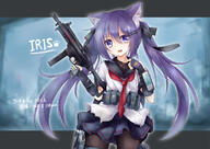 1girl animal_ear_fluff animal_ears bangs cat_ears eyebrows_visible_through_hair gun hair_between_eyes hair_ornament hair_ribbon hairclip handgun holding holding_weapon holstered_weapon kata_rosu long_hair looking_at_viewer machine_gun miniskirt open_mouth original pistol purple_eyes purple_hair ribbon safe school_uniform skirt solo twintails violet_eyes weapon // 1416x1003 // 861.9KB