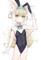 1girl ? animal_ear_fluff animal_ears aqua_hairband arknights bangs bare_shoulders black_leotard blonde_hair blue_bow blue_bowtie blue_hairband blue_neckwear bow bowtie bunny_ears bunny_girl clavicle clothing collar collarbone commentary commentary_request covered_navel cowboy_shot detached_collar extra_ears eyebrows_visible_through_hair fake_animal_ears flat_chest fox_ears fox_girl fox_tail green_eyes groin hair_rings hairband hawawa highleg highleg_leotard kitsune kitsunemimi leotard loli lolibooru looking_at_viewer medium_hair multicolored_hair multicoloured_hair multiple_tails no_bra oripathy_lesion_(arknights) pettanko pixiv_41989573 pixiv_94101307 playboy_bunny rabbit_ears sankaku simple_background solo standing strapless strapless_leotard streaked_hair suzuran_(arknights) sweat tail twitterまとめ2 user_gfjp8448 white_background white_collar white_hair wrist_cuffs がちがち アークナイツ スズラン(アークナイツ) 铃兰 // 1851x2683 // 287.4KB