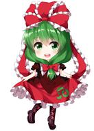 1girl bangs blush bow brown_footwear cross-laced_footwear dress frilled_dress frilled_ribbon frilled_sleeves frills front_ponytail full_body green_eyes green_hair hair_bow hair_ribbon highres kagiyama_hina lolibooru long_hair open_mouth puffy_short_sleeves puffy_sleeves red_dress red_ribbon ribbon ruu_(tksymkw) safe short_sleeves simple_background skirt_hold teeth tiptoes touhou touhou_project upper_teeth white_background // 1000x1400 // 598.6KB