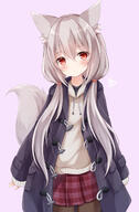 1girl animal_ear_fluff animal_ears black_coat black_pantyhose blush coat fox_ears fox_girl fox_tail grey_background grey_hair highres hood hoodie kata_rosu long_hair looking_at_viewer low_twintails original pantyhose plaid plaid_skirt red_eyes red_skirt simple_background skirt smile solo tail twintails white_hoodie // 1078x1637 // 658.9KB