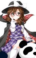 1_female adjusting_eyewear adjusting_glasses black_hair bow brown_hair cape clothes_writing eyewear female girl glasses grey_eyes hat hat_bow hat_ribbon knee_highs long_hair long_sleeves looking_at_viewer mature panda pov rakugakiyarou red-framed_eyewear red-framed_glasses riding runes ruu_(tksymkw) safe shirt simple_background single sitting skirt skirt_set socks solo tall_image touhou usami_sumireko vest white_background white_legwear white_socks るう２ マント 宇佐見菫子 屋上のアレ＠深夜の真剣お絵描き60分一本勝負 東方 // 700x1120 // 448.2KB