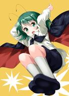 1_female 1girl antennae arms_up black_footwear black_shorts blush cape curled_fingers danbooru danbooru-safebooru drop_kick eyebrows eyebrows_visible_through_hair female fringe from_below gelbooru girl green_eyes green_hair hair_between_eyes high_resolution highres jumping knee_highs kneehighs legs_together legwear long_sleeves looking_at_viewer mature o open_mouth orange_background pov ruu_(tksymkw) s safe safebooru shirt short_hair shorts simple_background single socks solo tall_image touhou untucked_shirt white_legwear white_shirt white_socks wriggle_nightbug yellow_background // 1000x1400 // 649.2KB