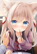 1boy 1girl absurdres animal_ear_fluff animal_ears bangs blue_eyes blush collarbone eyebrows_visible_through_hair feeding food fox_ears hair_ribbon hand_on_another's_shoulder highres kata_rosu looking_at_viewer nervous original pocky pov ribbon safe sailor_collar school_uniform shirt_grab solo_focus twintails white_hair // 1665x2423 // 1.9MB