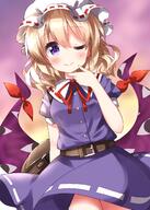 1girl belt belt_buckle blonde_hair brown_belt buckle buttons closed_mouth cowboy_shot dress gap_(touhou) hair_between_eyes hat highres maribel_hearn mob_cap one_eye_closed puffy_short_sleeves puffy_sleeves purple_dress purple_eyes red_ribbon ribbon ruu_(tksymkw) short_hair short_sleeves smile solo touhou white_headwear // 1000x1400 // 992.9KB