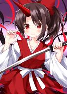 1girl bangs bow brown_hair closed_mouth clothing cowboy_shot eyebrows_visible_through_hair female gradient gradient_background hair_bow hair_ornament headdress headwear high_resolution highres holding holding_sword holding_weapon horn horns japanese_clothes kimono konngara konngara_(touhou) long_sleeves looking_at_viewer oni_horns ponytail red_bow red_eyes red_horns red_kimono robe ruu_(tksymkw) safe short_hair single_horn smile solo sword tied_hair touhou touhou_(pc-98) touhou_project wafuku weapon wide_sleeves // 1000x1400 // 872.1KB